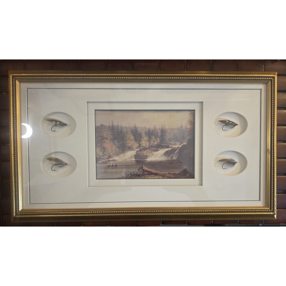 Antique Gut-Eyed Salmon Hand Tied Fly Fishing Lures & Print Framed Assemblage